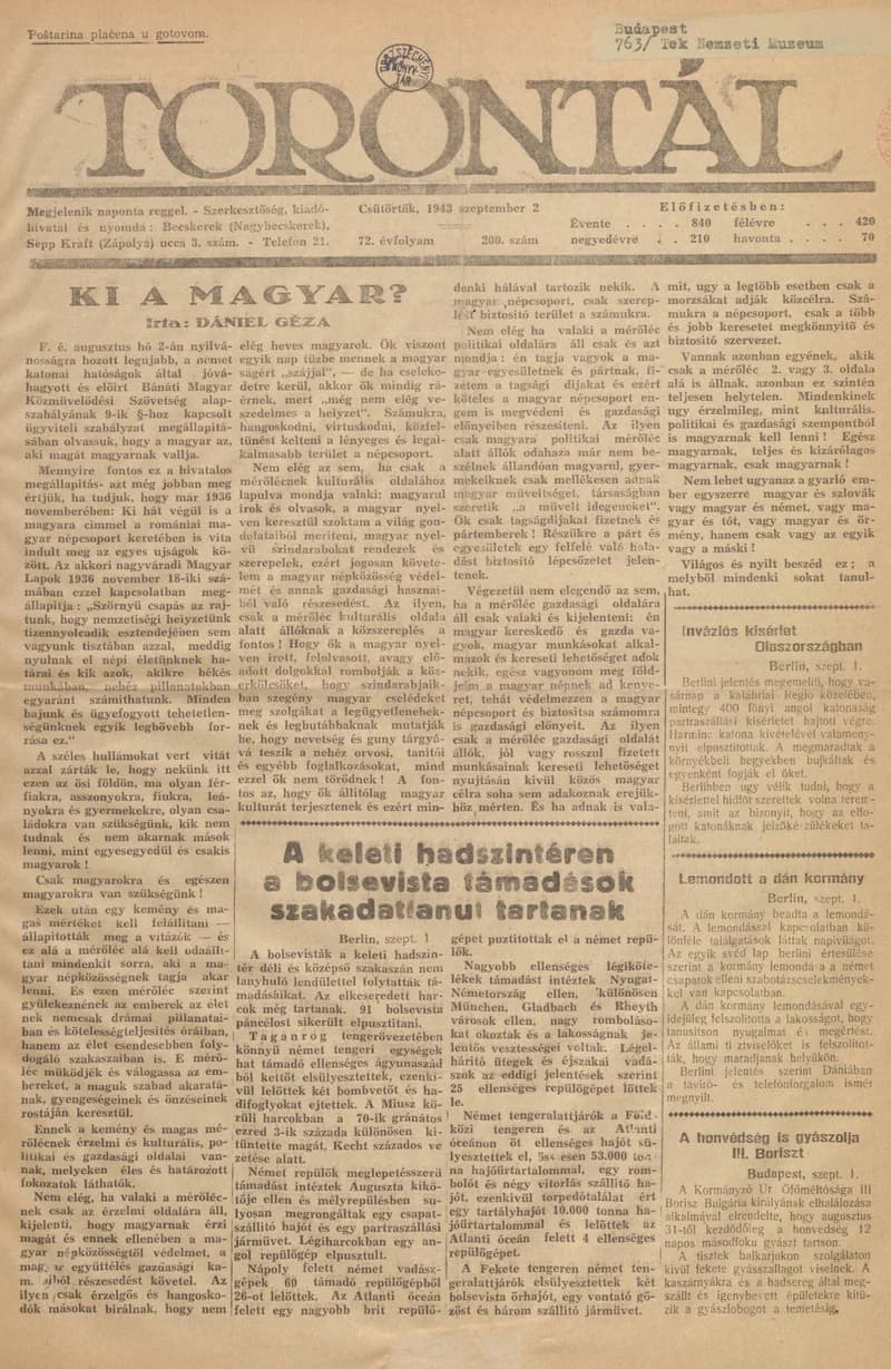 Torontál, 72. évf. 1943. szeptember 2. 200. sz.