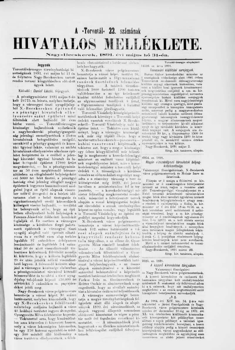 A Totontál  hivatalos melléklete, 4. évf. 1891. május 31. 22. sz.