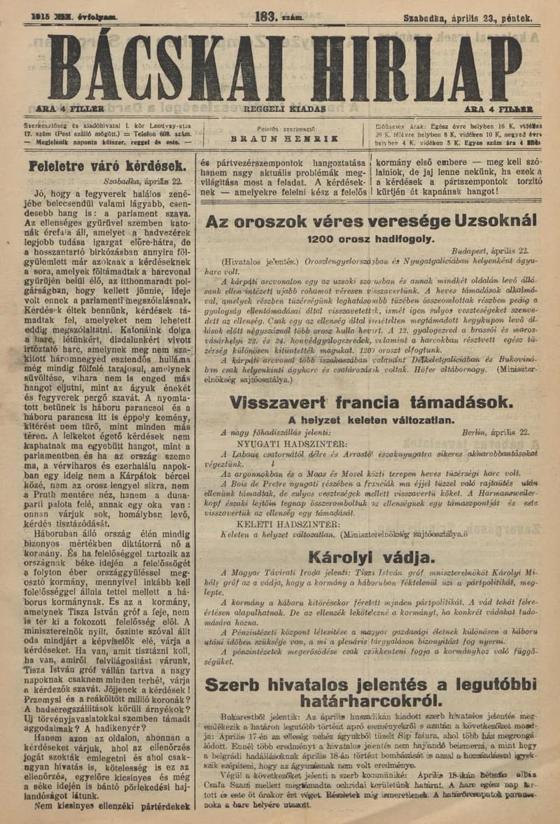 Bácskai Hirlap, 19. évf. 1915. április 23. 183. sz.