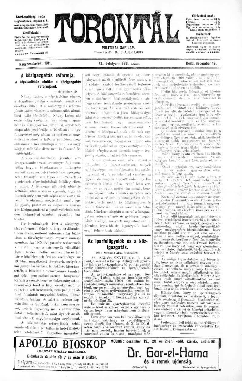 Torontál, 40. évf. 1911. december 19. 289. sz.