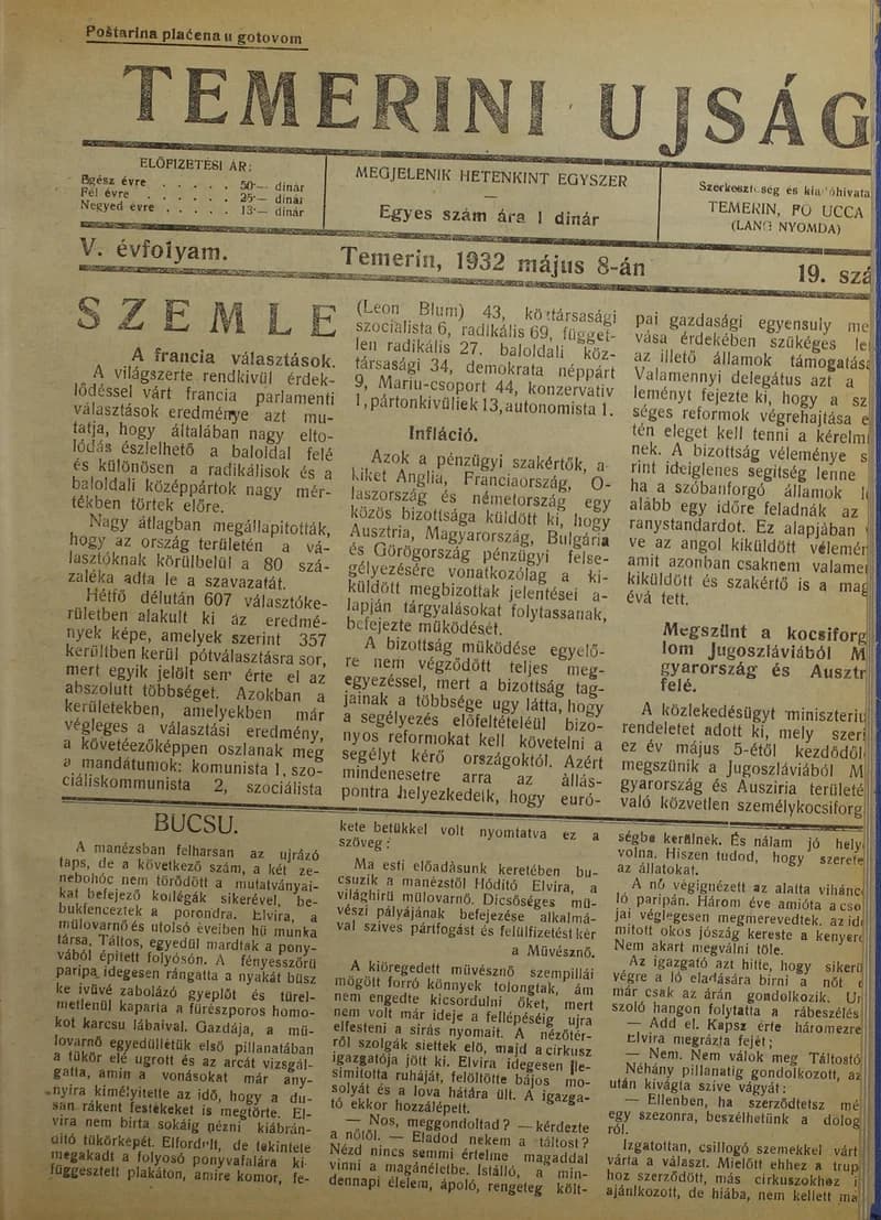 Temerini Újság 1928-1944, 5. évf. 1932. május 8. 19. sz.
