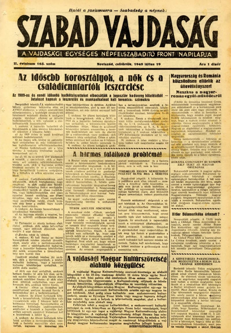 Szabad Vajdaság, 2. évf. 1945. július 19. 163. sz.