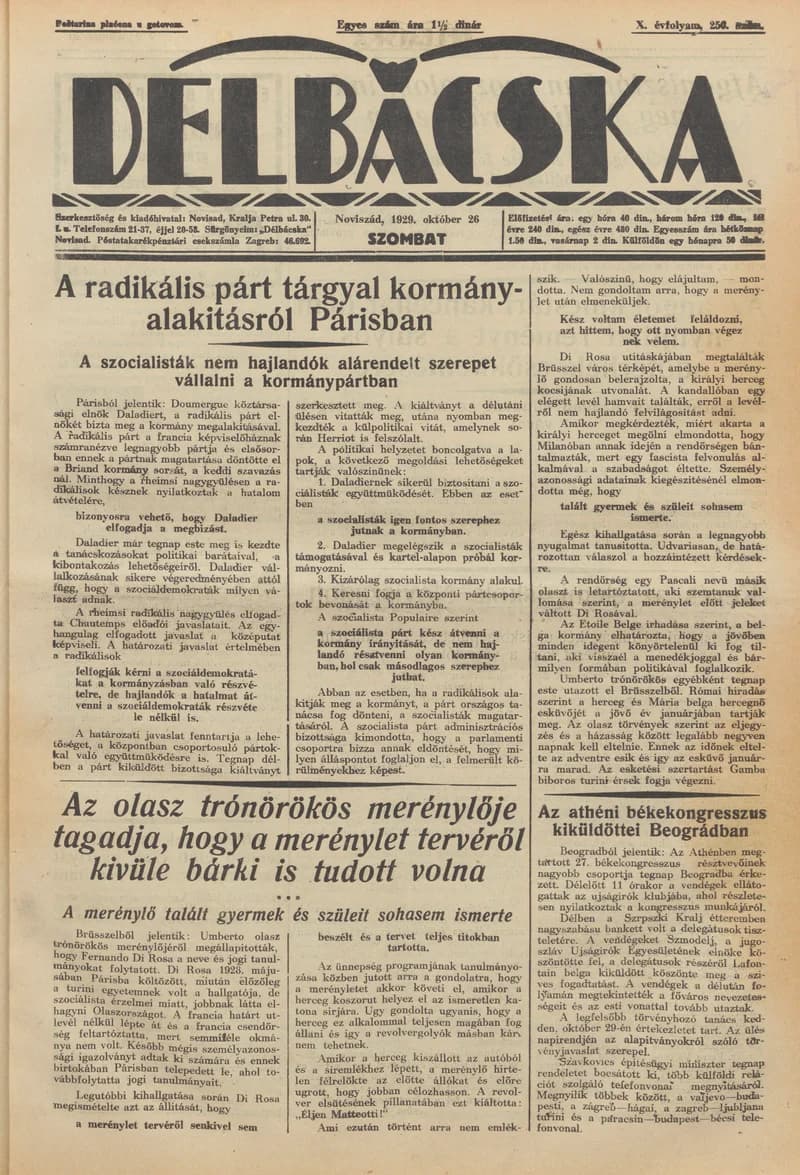Délbácska, 10. évf. 1929. október 26. 250. sz.