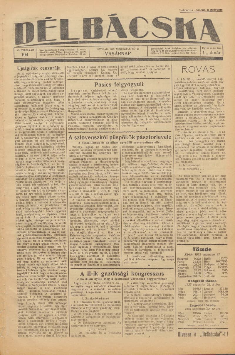 Délbácska, 6. évf. 1925. augusztus 23. 194. sz.
