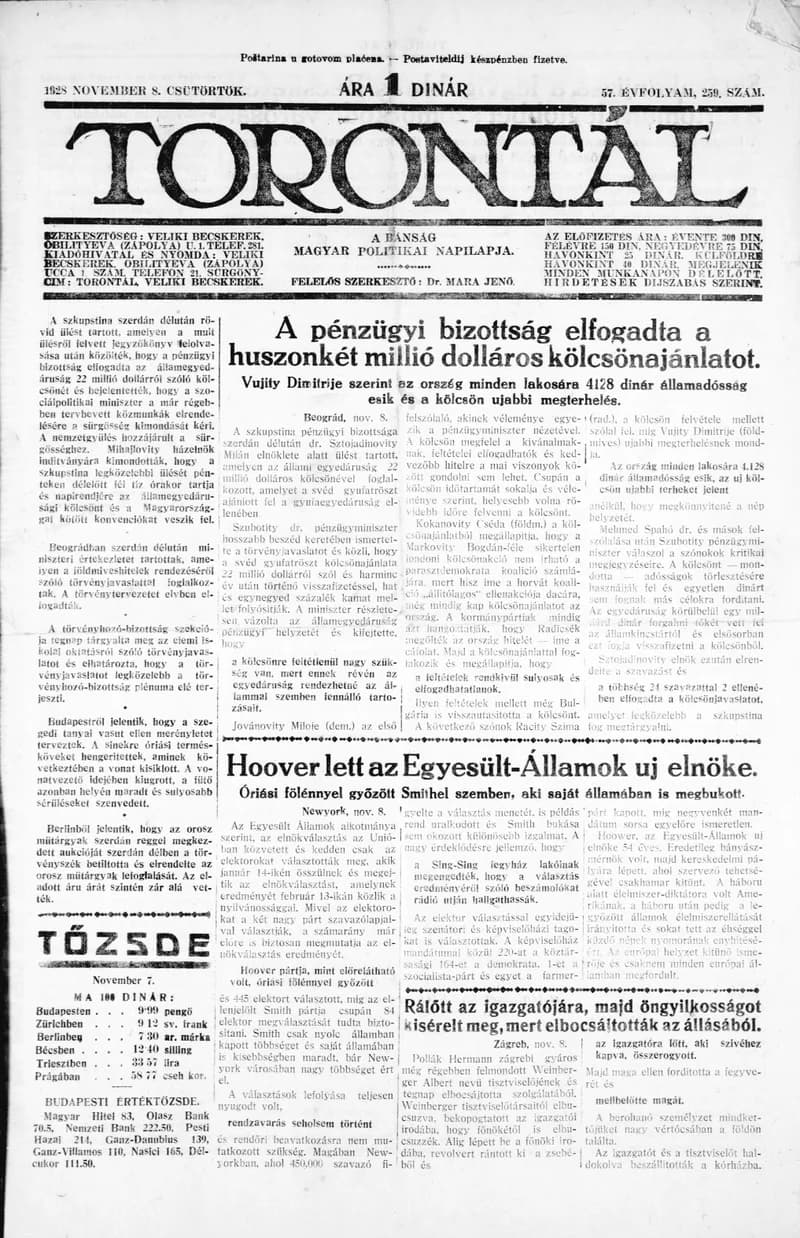 Torontál, 57. évf. 1928. november 8. 259. sz.