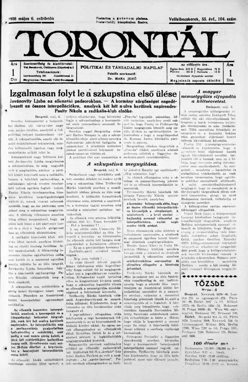 Torontál, 55. évf. 1926. május 6. 104. sz.