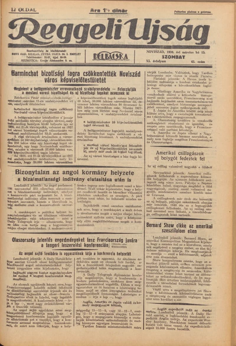 Reggeli Újság, 11. évf. 1930. március 15. 63. sz.