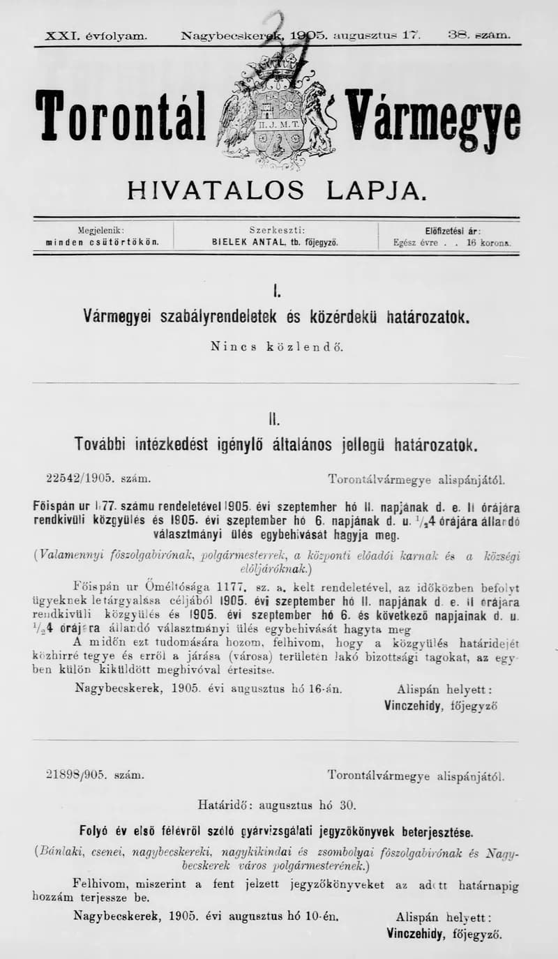 Torontál Vármegye Hivatalos Lapja, 21. évf. 1905. augusztus 17. 38. sz.