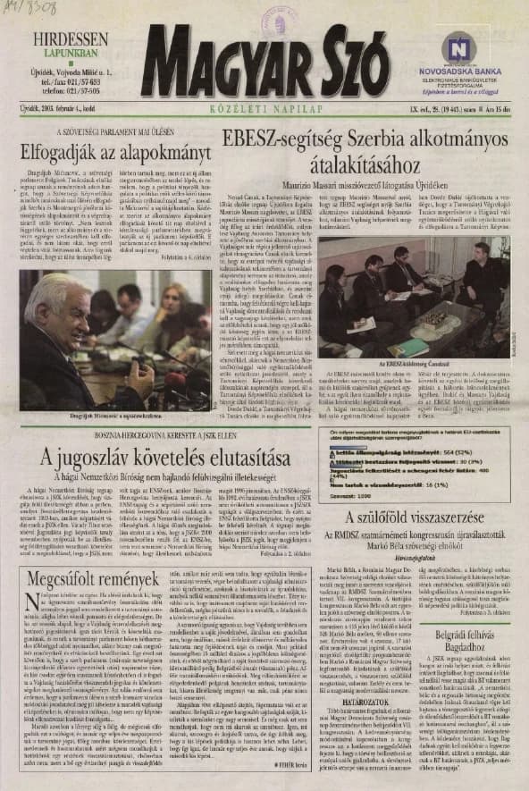 Magyar Szó, 60. évf. 2003. február 4. 28. sz. 1–16. oldal