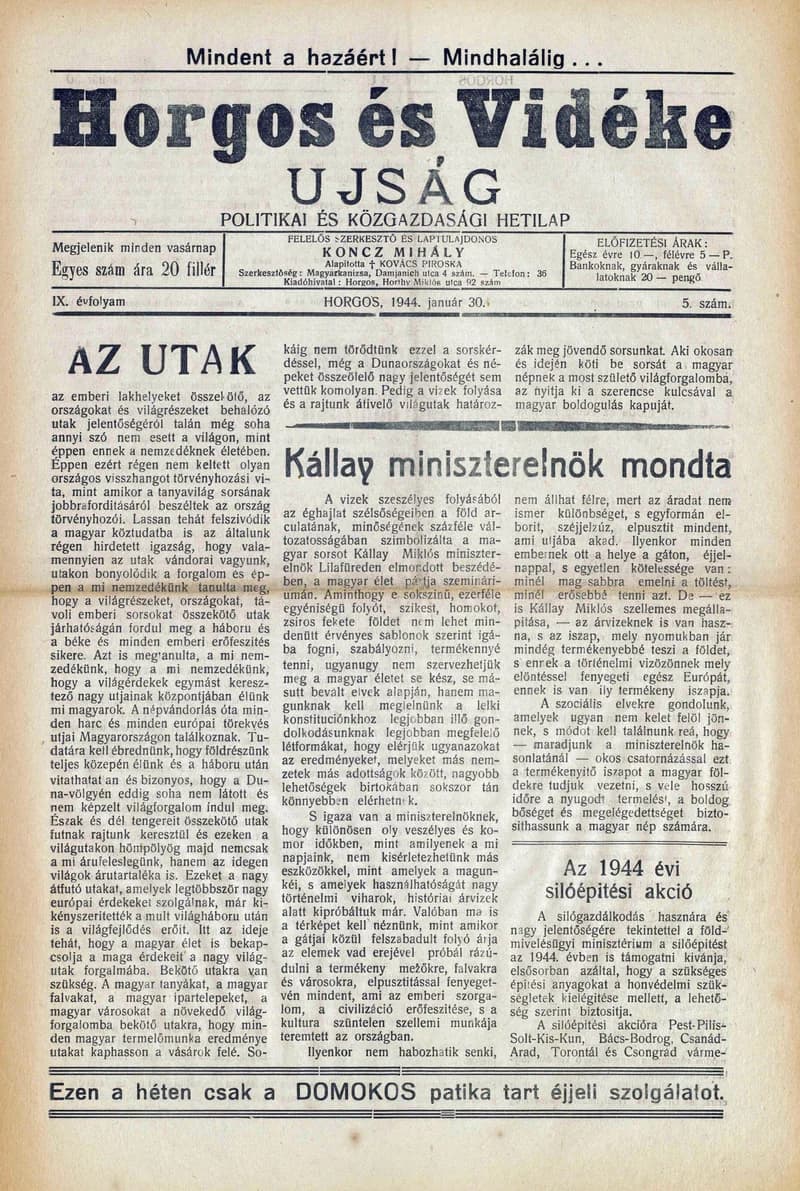 Horgos és vidéke, 9. évf. 1944. január 30. 5. sz.
