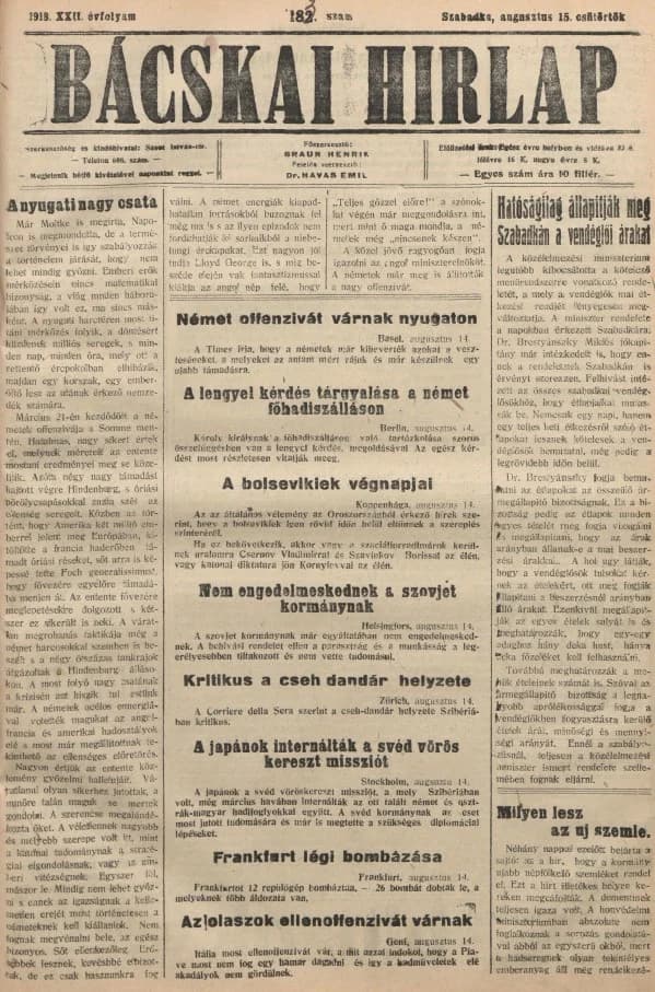 Bácskai Hirlap, 22. évf. 1918. augusztus 15. 183. sz.