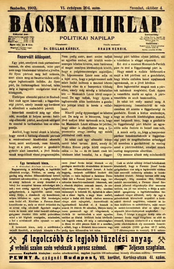 Bácskai Hirlap, 6. évf. 1902. október 4. 204. sz.