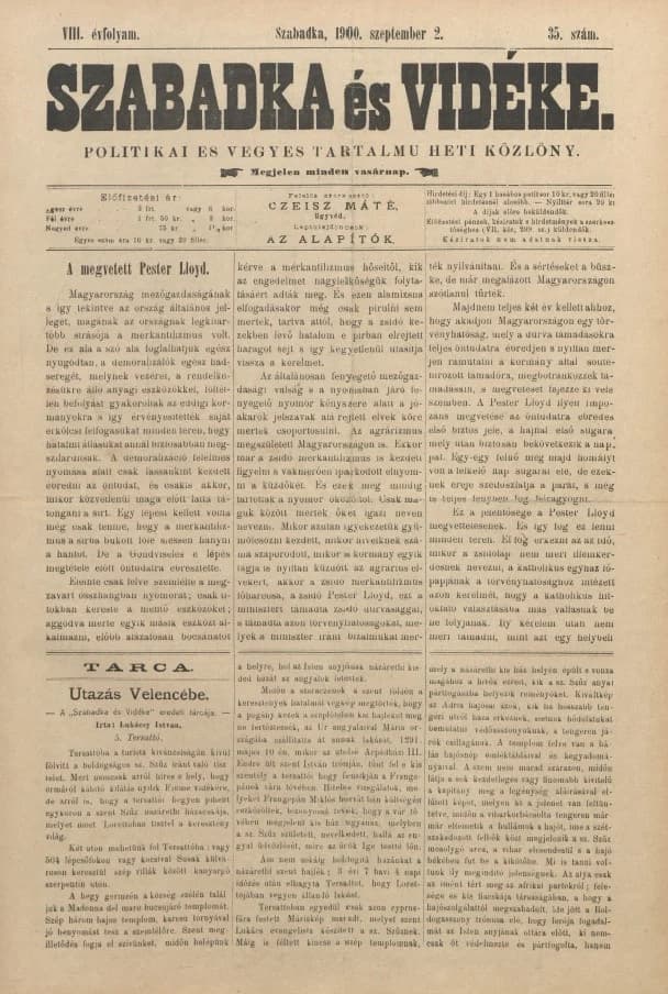 Szabadka és vidéke II, 8. évf. 1900. szeptember 2. 35. sz.