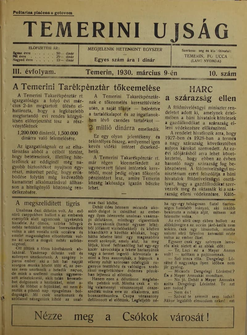 Temerini Újság 1928-1944, 3. évf. 1930. március 9. 10. sz.