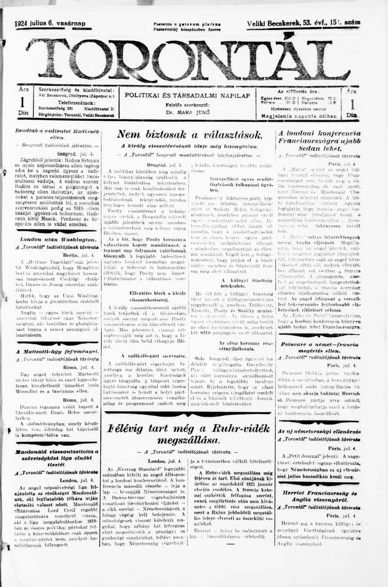 Torontál, 53. évf. 1924. július 6. 151. sz.