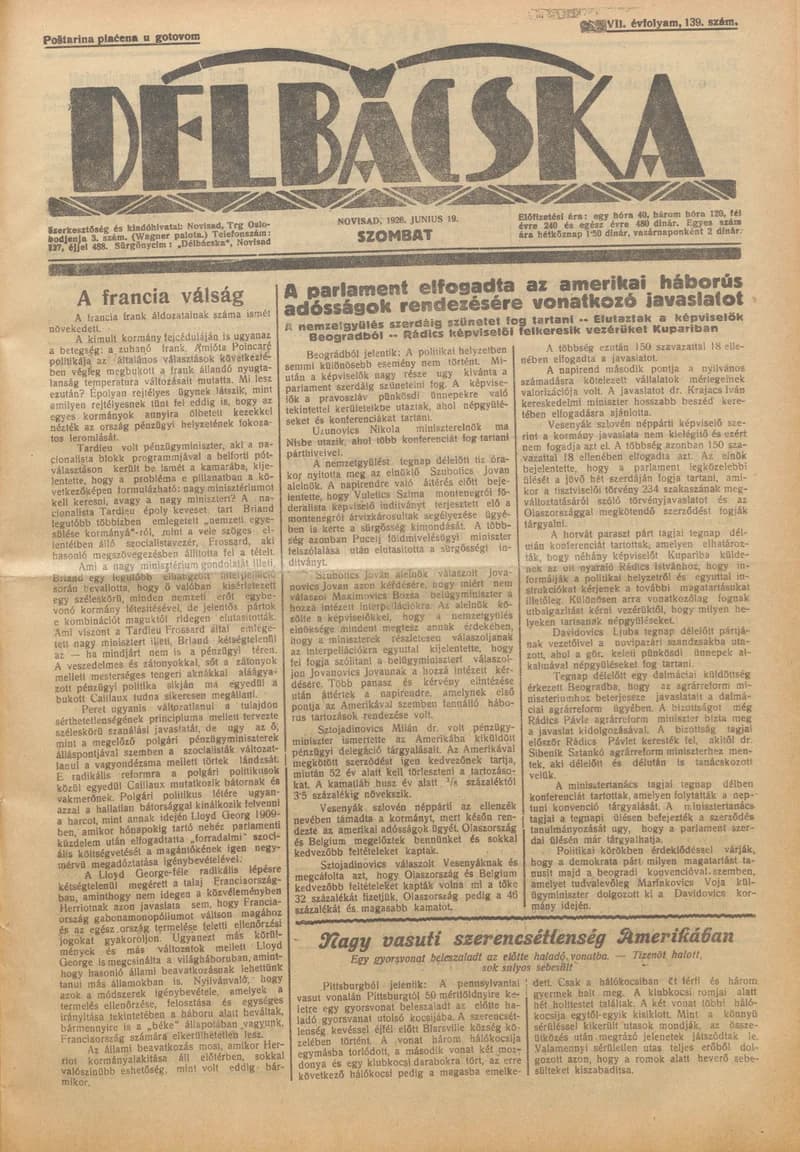 Délbácska, 7. évf. 1926. június 19. 139. sz.