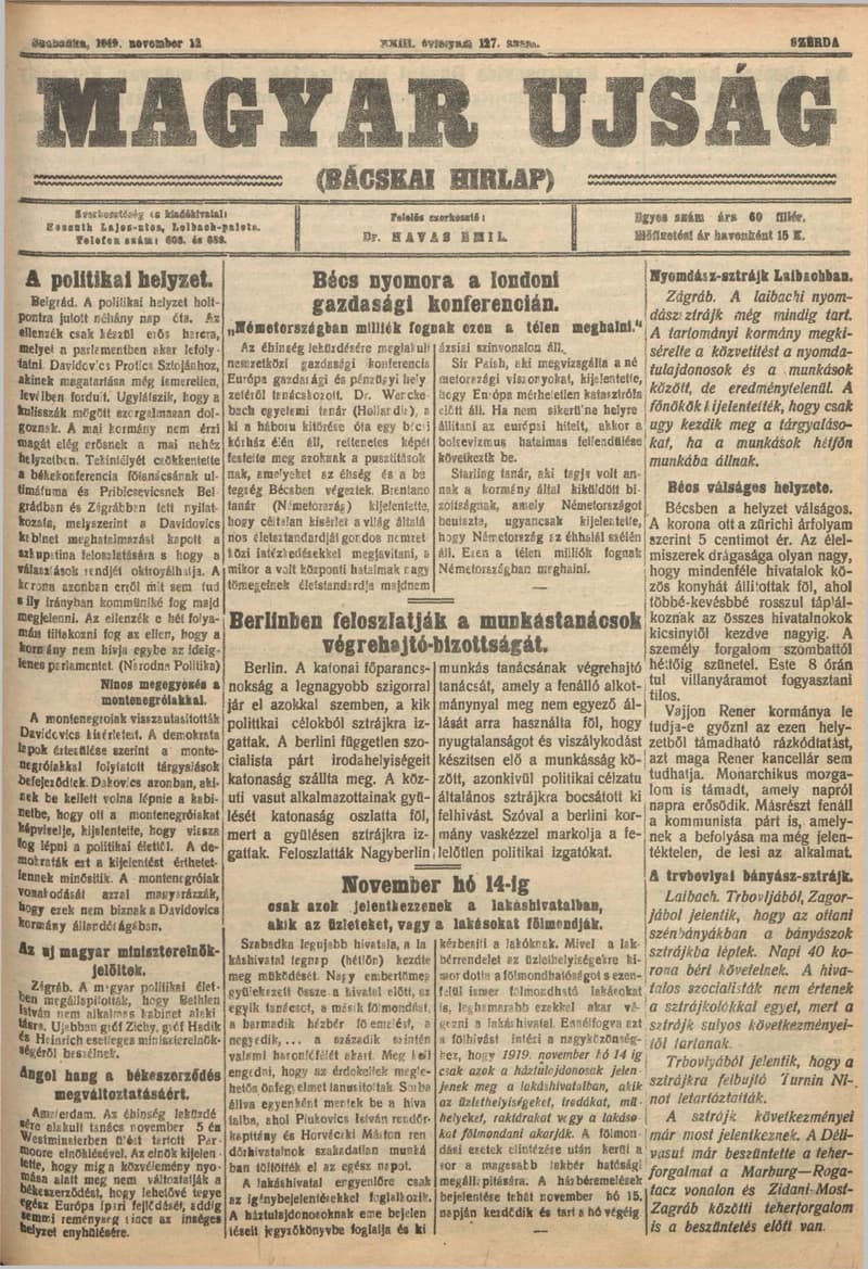Bácskai Hirlap, 23. évf. 1919. november 12. 127. sz.