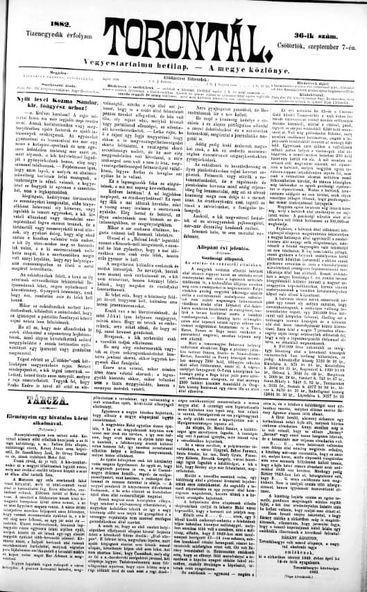 Torontál, 11. évf. 1882. szeptember 7. 36. sz.
