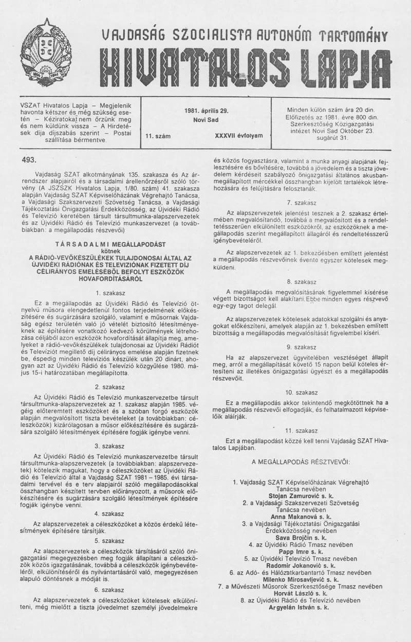 Vajdaság Szocialista Autonóm Tartomány Hivatalos Lapja, 37. évf. 1981. április 29. 11. sz.