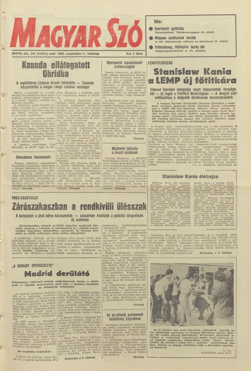 Magyar Szó, 37. évf. 1980. szeptember 7. 247. sz. 1–28. oldal
