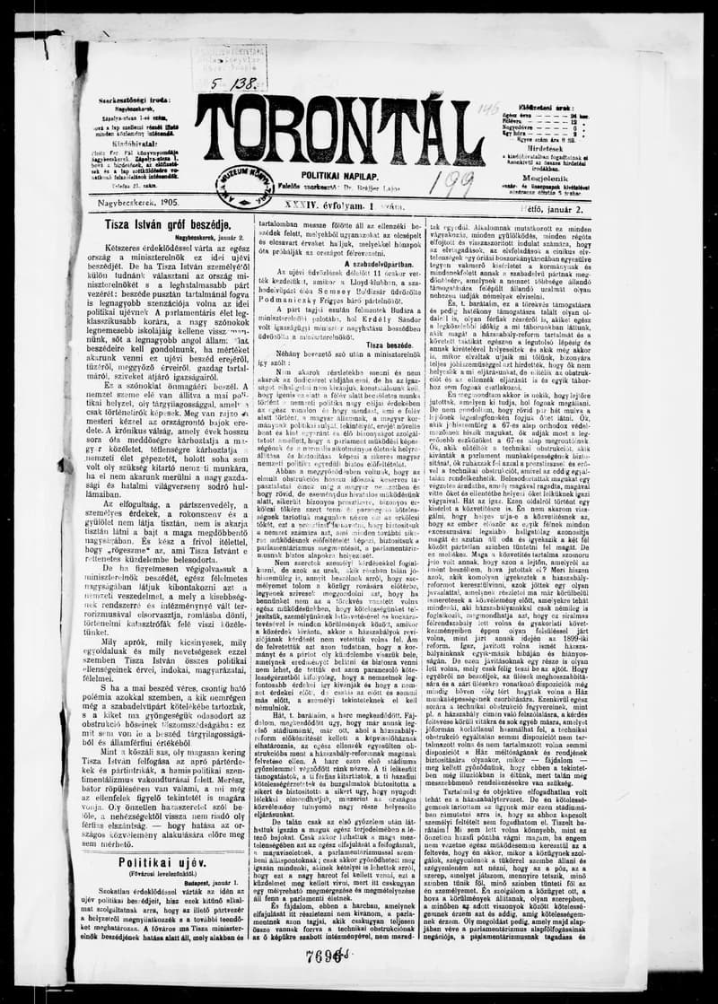 Torontál, 34. évf. 1905. január 2. 1. sz.