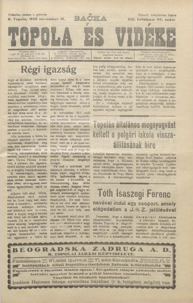 Bačka Topola és Vidéke, 13. évf. 1936. november 15. 46. sz.
