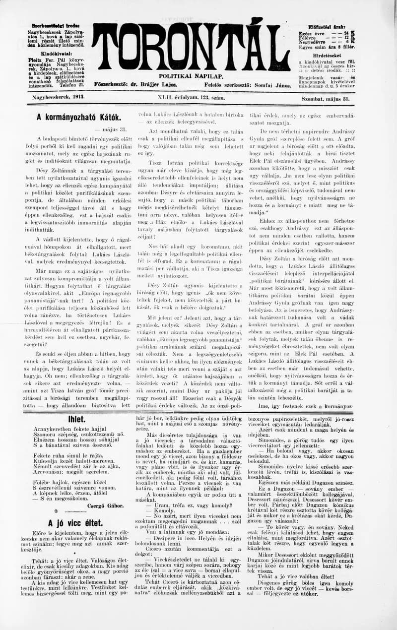 Torontál, 42. évf. 1913. május 31. 123. sz.