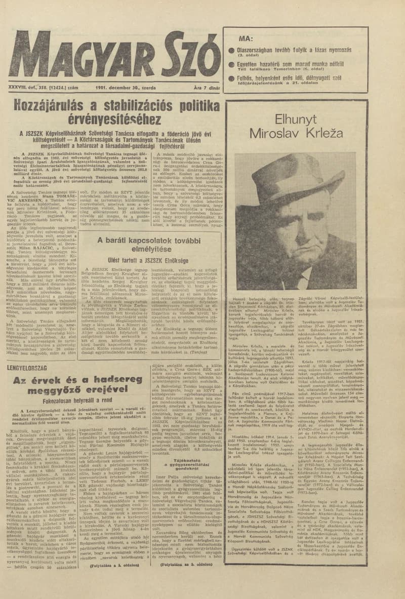 Magyar Szó, 38. évf. 1981. december 30. 358. sz.