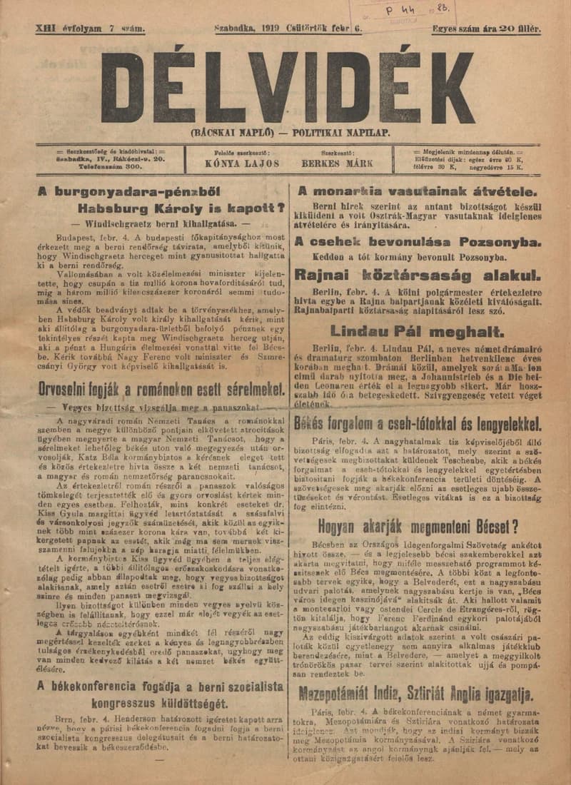 Délvidék, 13. évf. 1919. február 6. 7. sz.