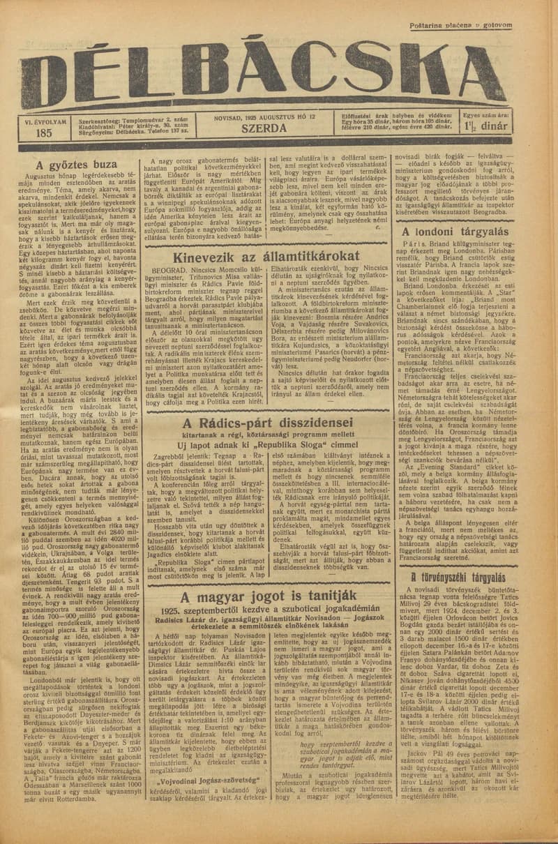 Délbácska, 6. évf. 1925. augusztus 12. 185. sz.