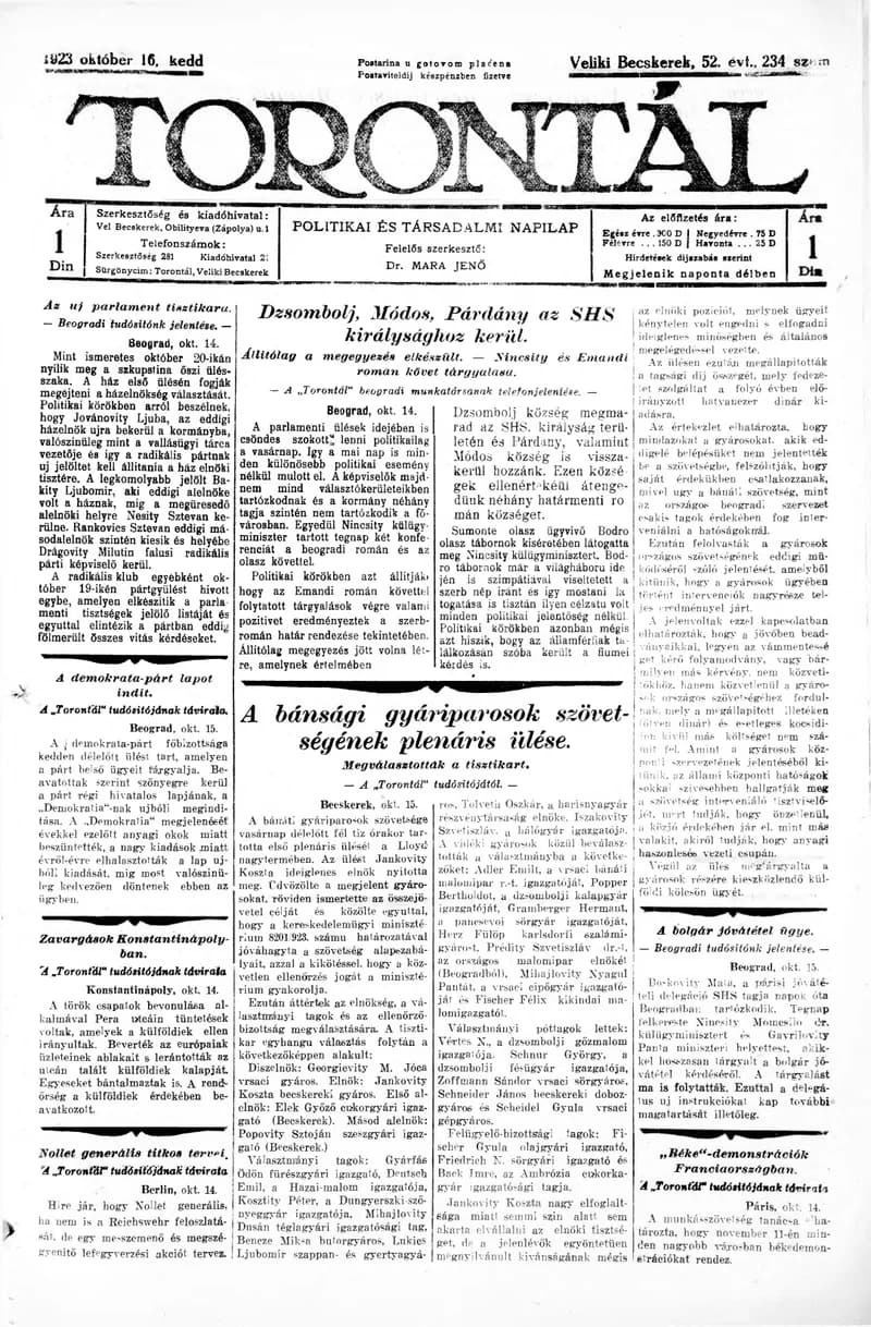 Torontál, 52. évf. 1923. október 16. 234. sz.