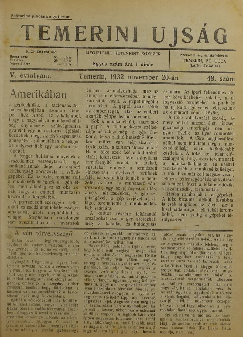 Temerini Újság 1928-1944, 5. évf. 1932. november 20. 48. sz.
