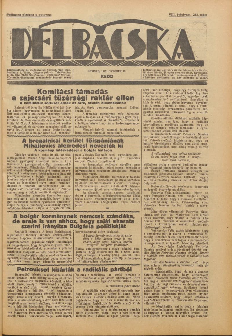 Délbácska, 8. évf. 1927. október 18. 242. sz.