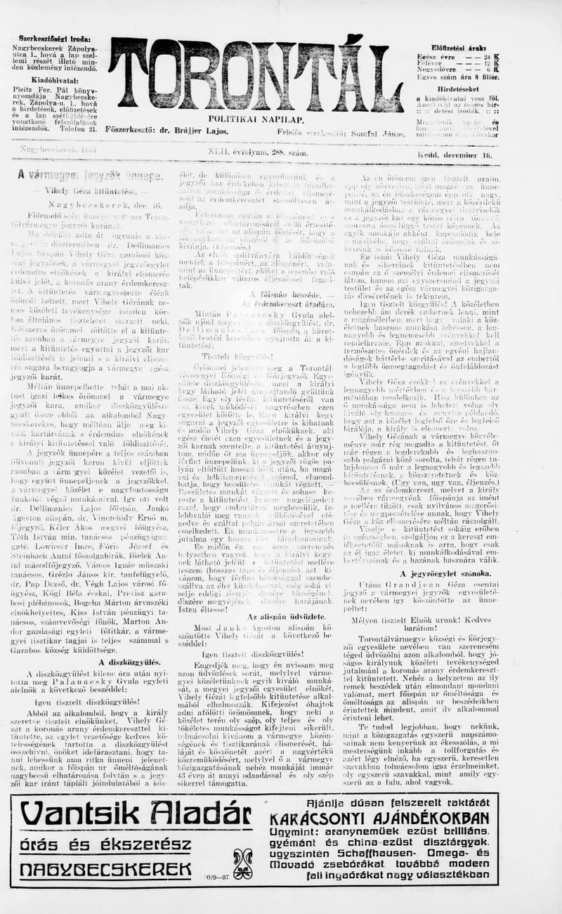 Torontál, 42. évf. 1913. december 16. 288. sz.
