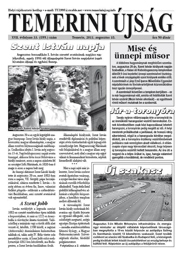 Temerini Újság, 17. évf. 2011. augusztus 18. 33. sz.