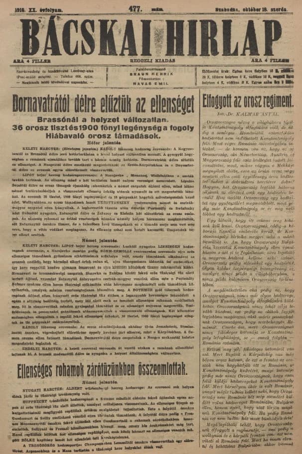 Bácskai Hirlap, 20. évf. 1916. október 18. 477. sz.