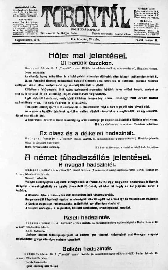 Torontál, 45. évf. 1916. február 11. 33. sz.