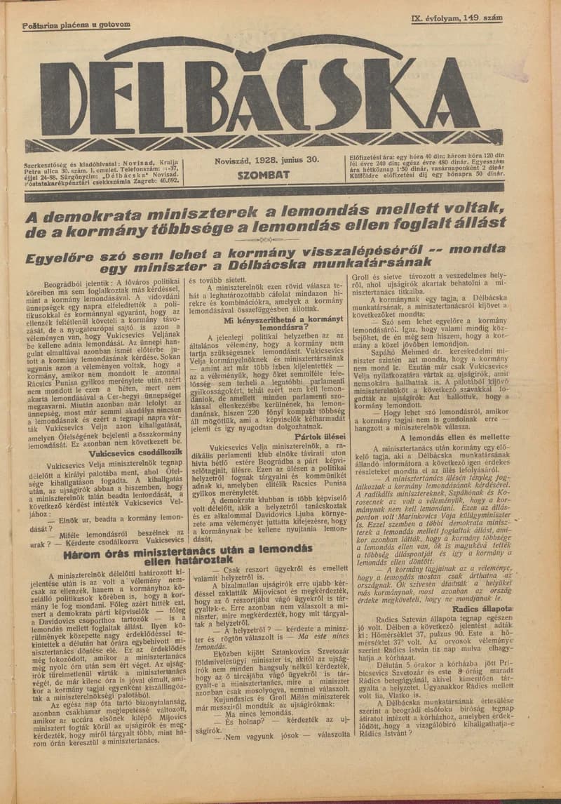 Délbácska, 9. évf. 1928. június 30. 149. sz.