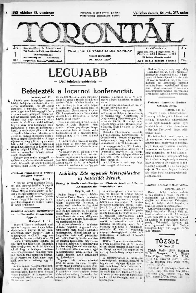 Torontál, 54. évf. 1925. október 18. 237. sz.