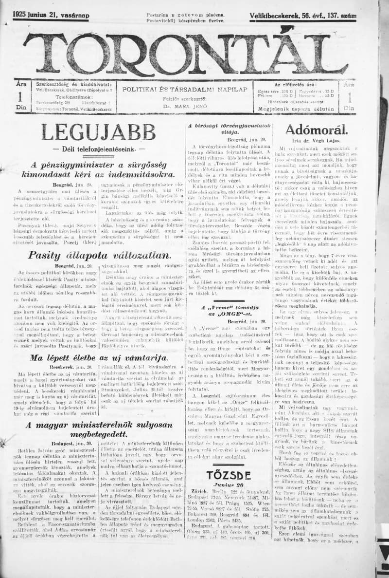 Torontál, 54. évf. 1925. június 21. 137. sz.