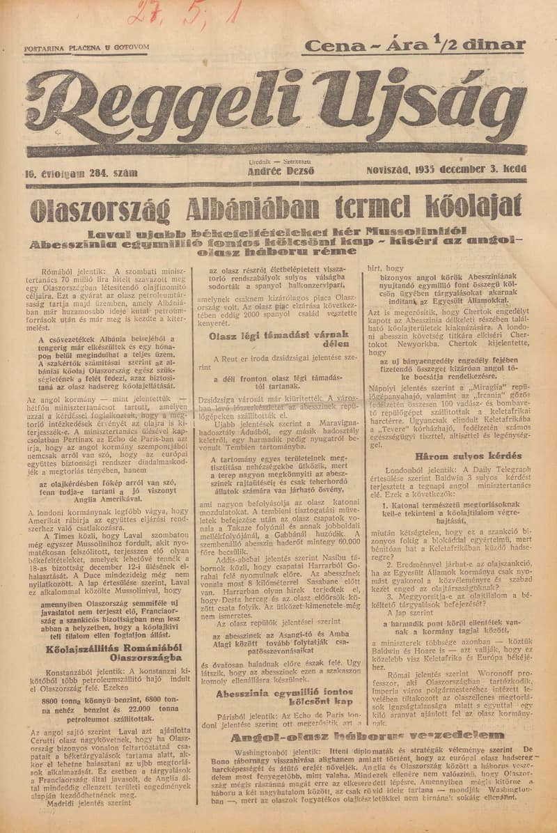 Reggeli Újság, 16. évf. 1935. december 3. 284. sz.