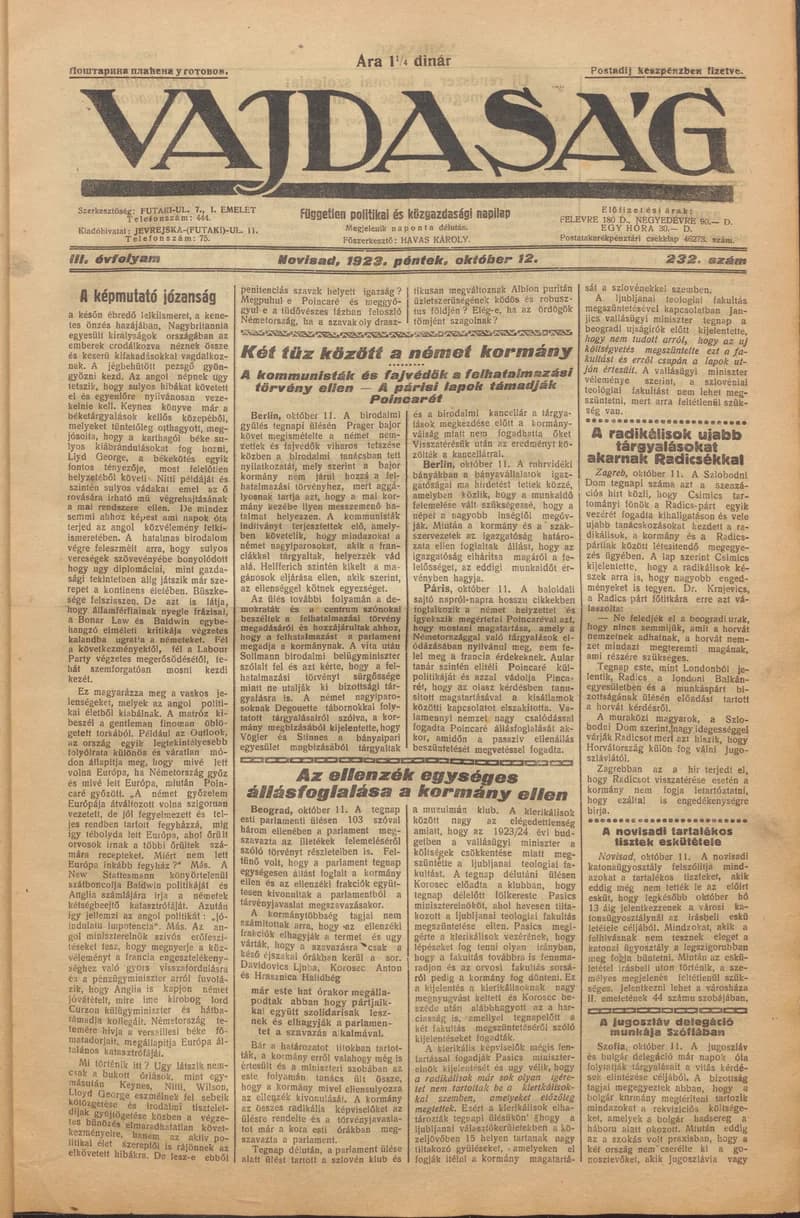 Vajdaság, 3. évf. 1923. október 12. 232. sz.