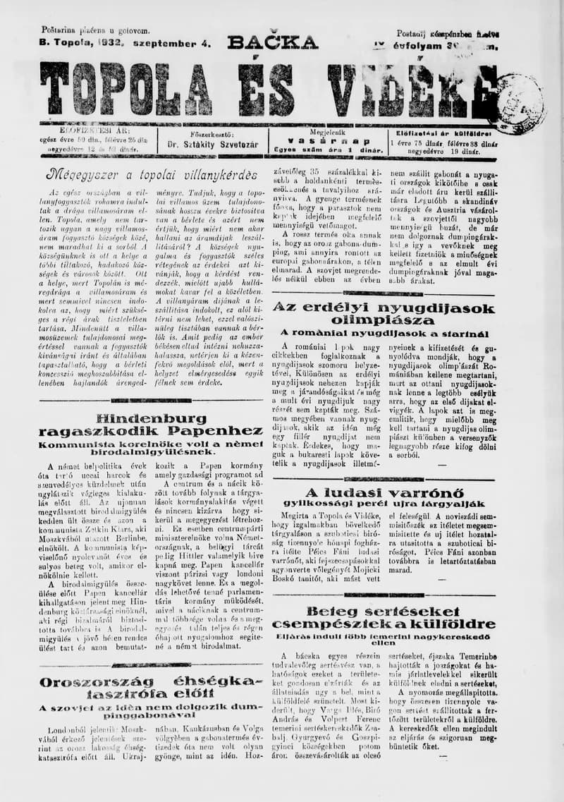 Bačka Topola és Vidéke, 9. évf. 1932. szeptember 4. 36. sz.
