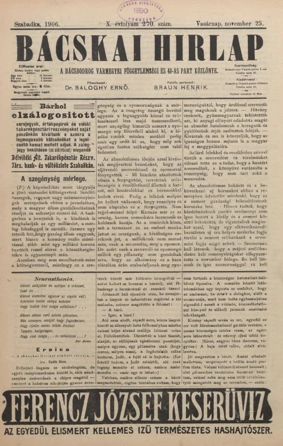 Bácskai Hirlap, 10. évf. 1906. november 25. 270. sz.