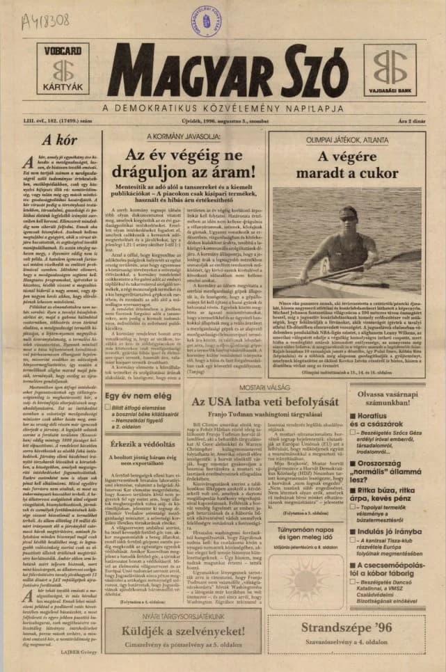 Magyar Szó, 53. évf. 1996. augusztus 3. 182. sz. 1–16. oldal