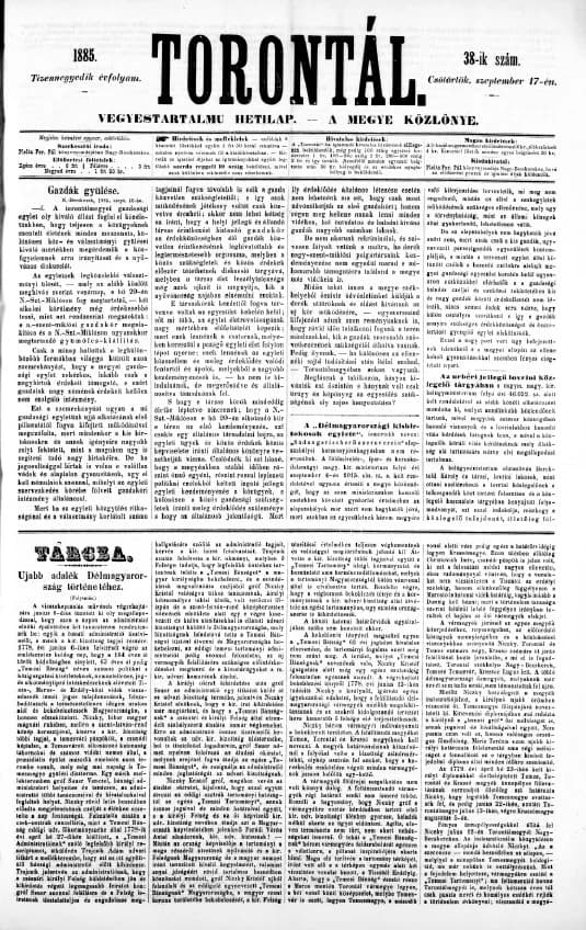 Torontál, 14. évf. 1885. szeptember 17. 38. sz.