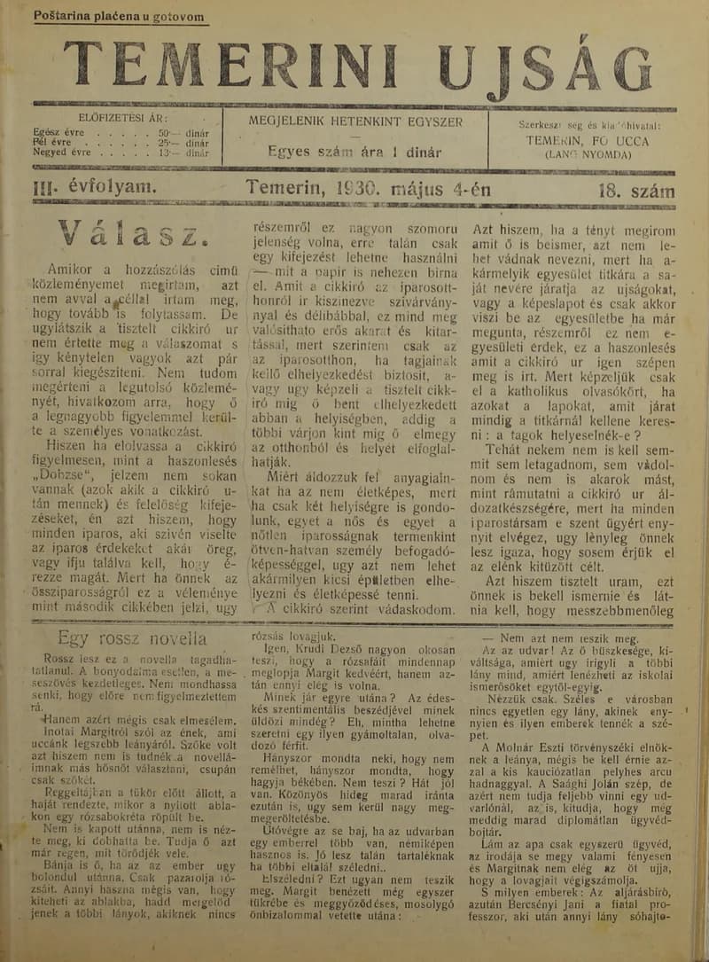 Temerini Újság 1928-1944, 3. évf. 1930. május 4. 18. sz.