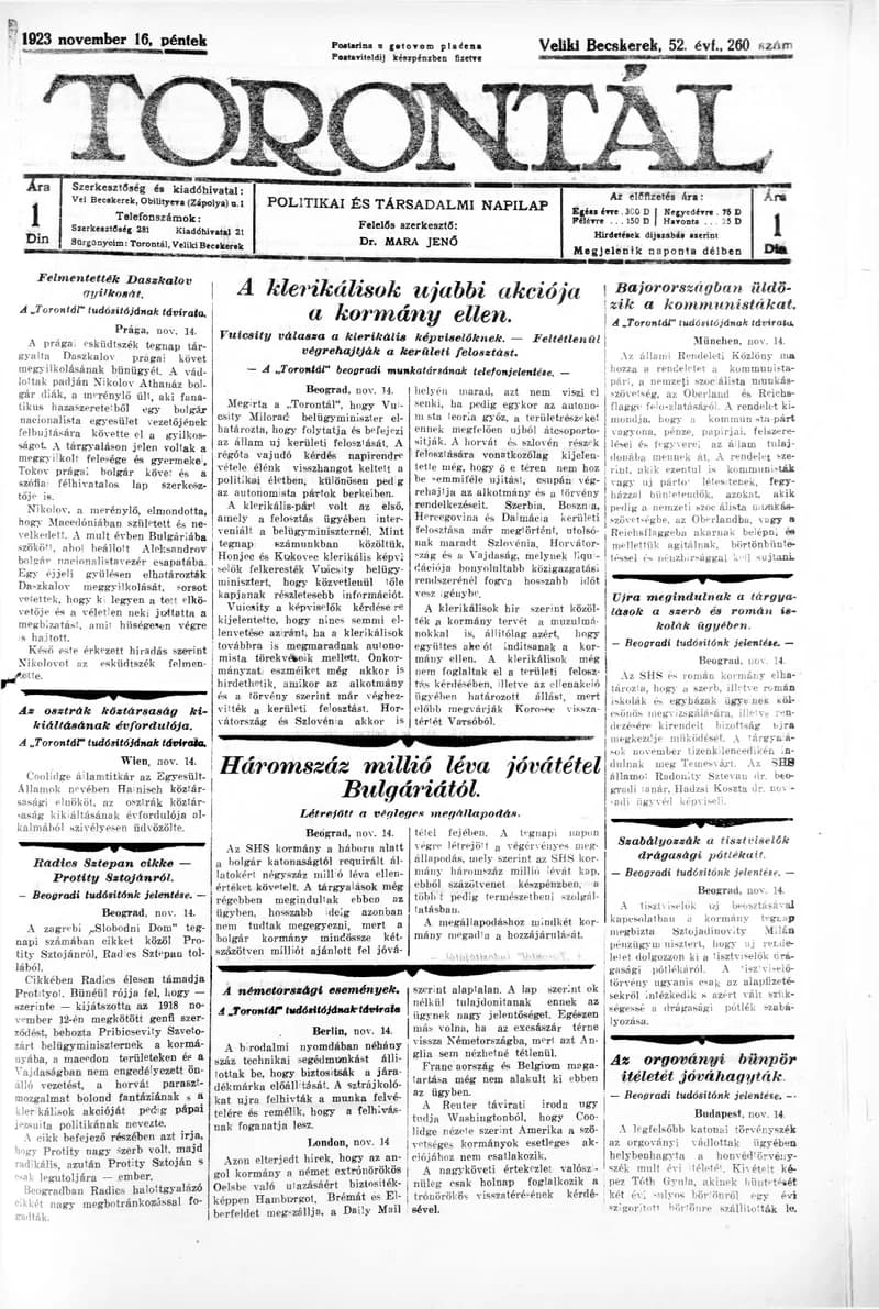 Torontál, 52. évf. 1923. november 16. 260. sz.