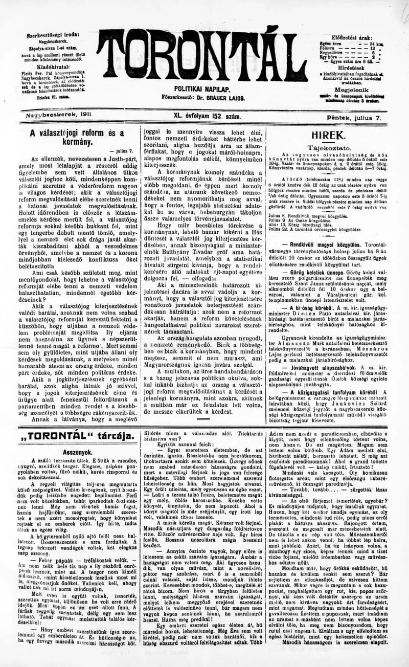 Torontál, 40. évf. 1911. július 7. 152. sz.