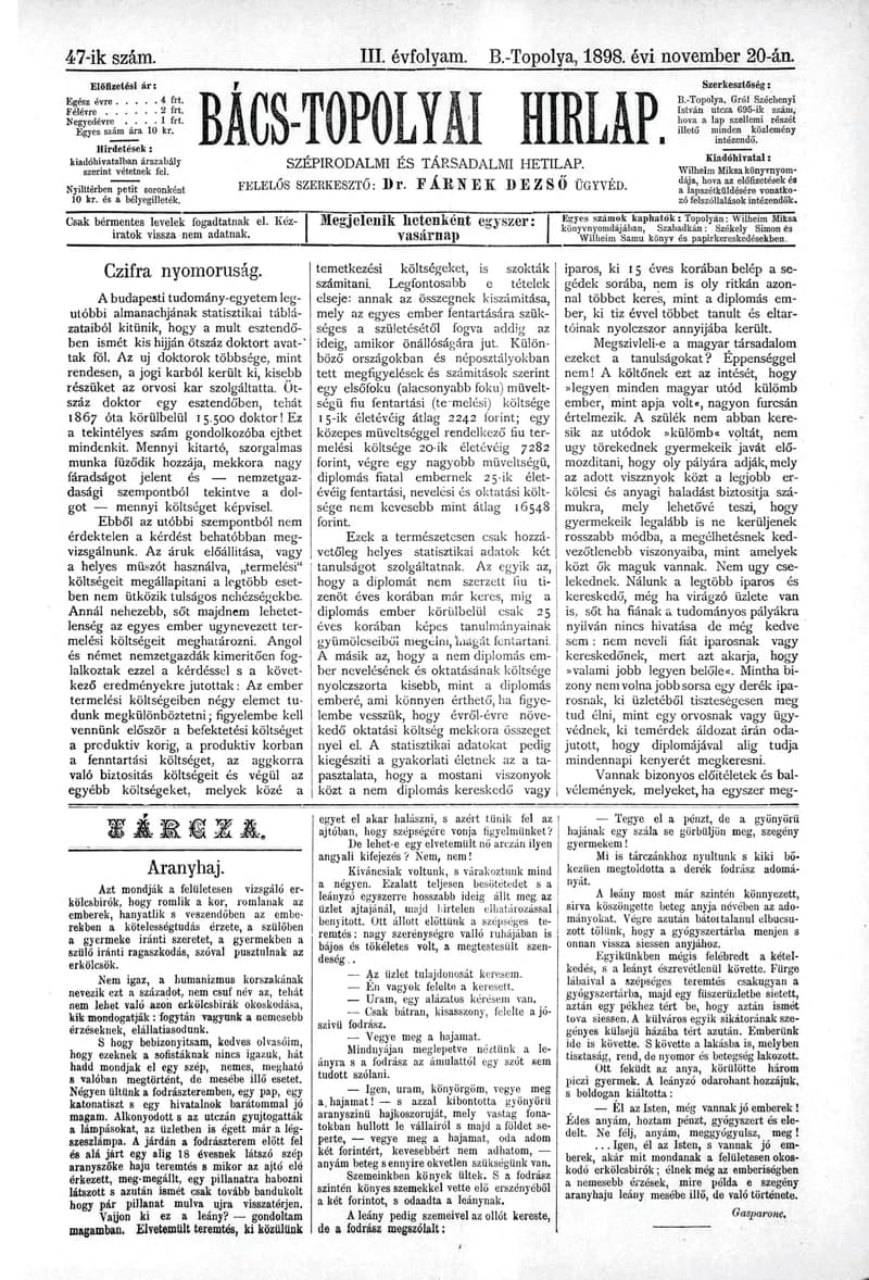 Bács-Topolyai Hirlap, 3. évf. 1898. november 20. 47. sz.